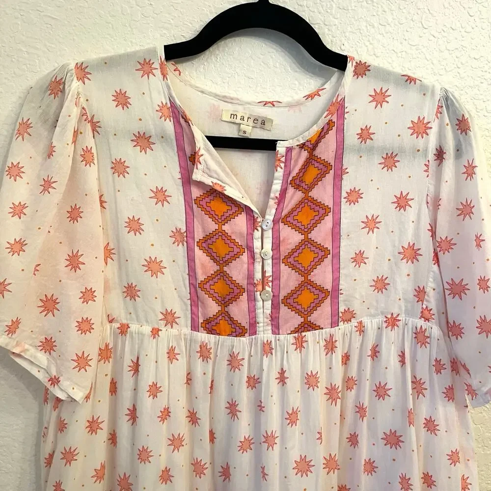 Marea Tiki Dress S Mini Starburst Aztec Print Beachy Coverup Boho Resort‎ White